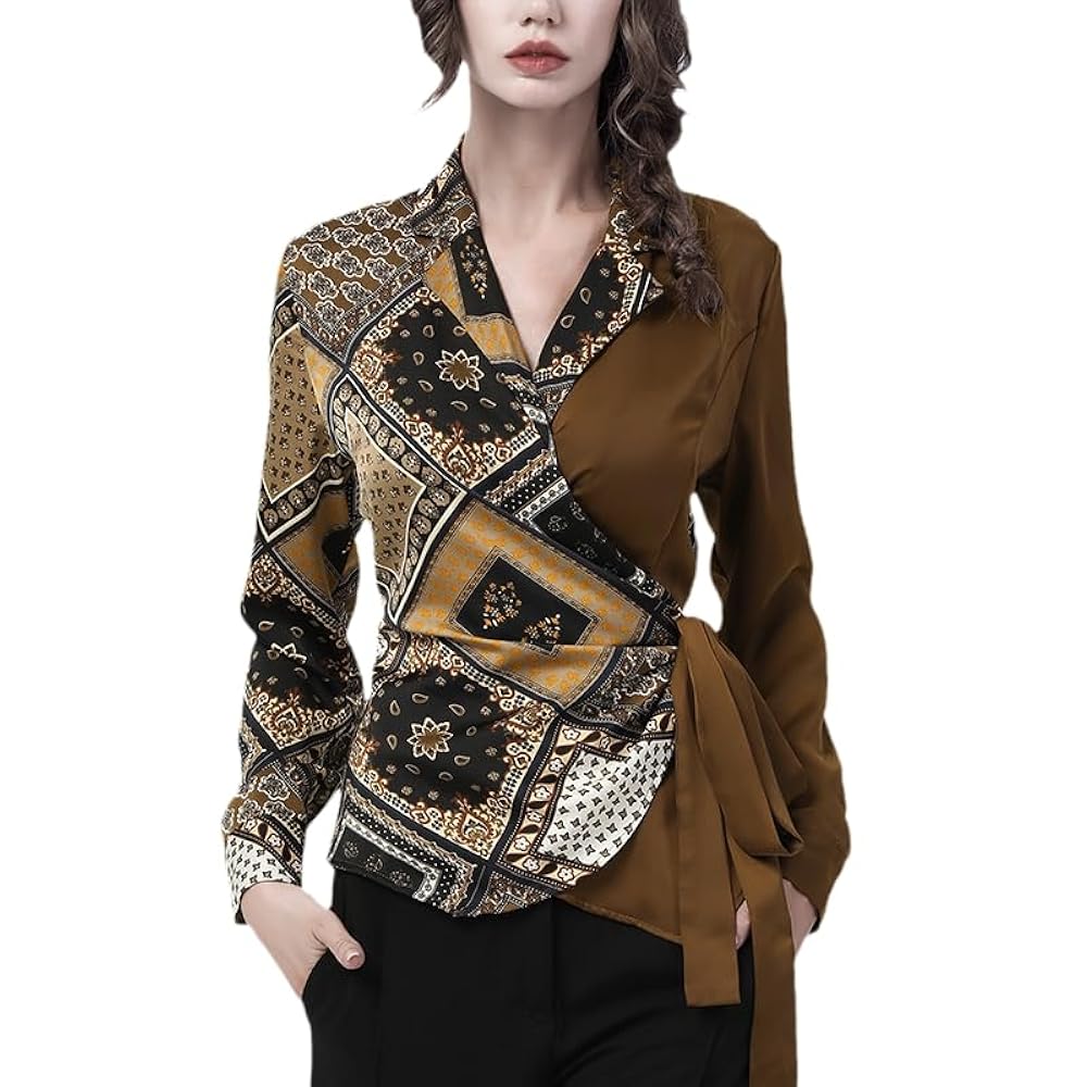 トップス YILON Bloom lace set blouse Womens Long Sleeve Suit Collar Lace-Up Shirt Autumn